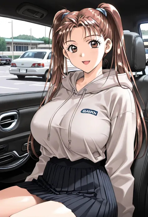 masterpiece, newest, vibrant, very aesthetic, high contrast, mature woman,solo,((KanouRyouko, twintails, brown hair, long hair, brown eyes)),((Light Grey Hoodie,black culotte skirt)), ((Big Breasts:1.4)), (smile,open mouth),((Sedan type,sitting in the back...
