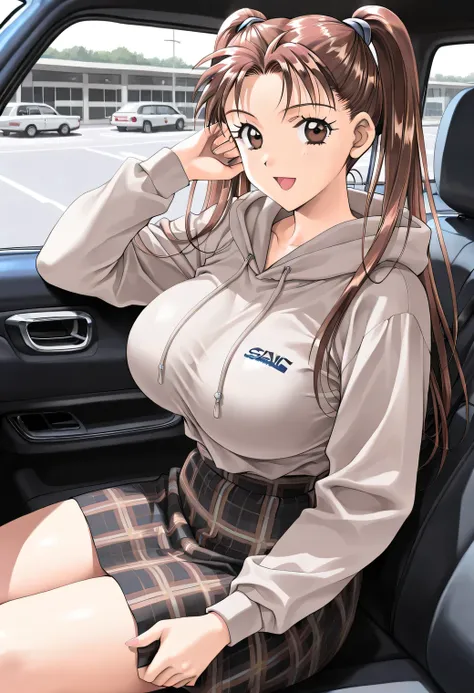 masterpiece, newest, vibrant, very aesthetic, high contrast, mature woman,solo,((KanouRyouko, twintails, brown hair, long hair, brown eyes)),((Light Grey Hoodie, Black Plaid Skirt )), ((Big Breasts:1.4)), (smile,open mouth),((Sedan type,sitting in the back...