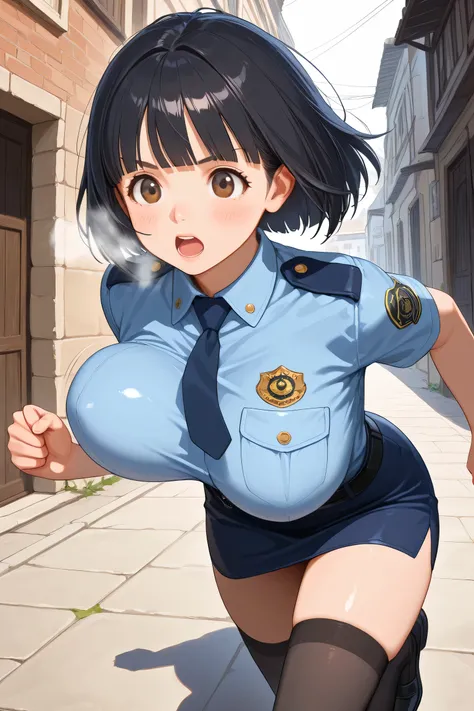 1girl, running, bouncing breasts, cowboy shot,
BREAK girl, 22yo, short hair, bob cut, ear, (blunt bangs), black hair, (tareme:1.2), detailed cute brown eyes, curled eyelashes, (large breasts:0.8),
beautiful eyes, beautiful face,
police woman uniform, im...