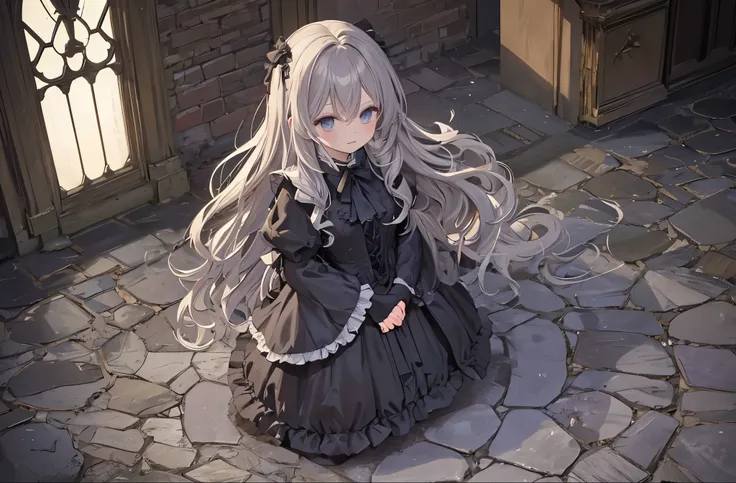 gothic girl in a frilly victorian dress, standing outside in front of a gothic cathedral or castle with stained glass windows glowing under moonlight, long wavy hair, viewed from above, top-down perspective, cobblestone ground, soft shadows, elegant and my...