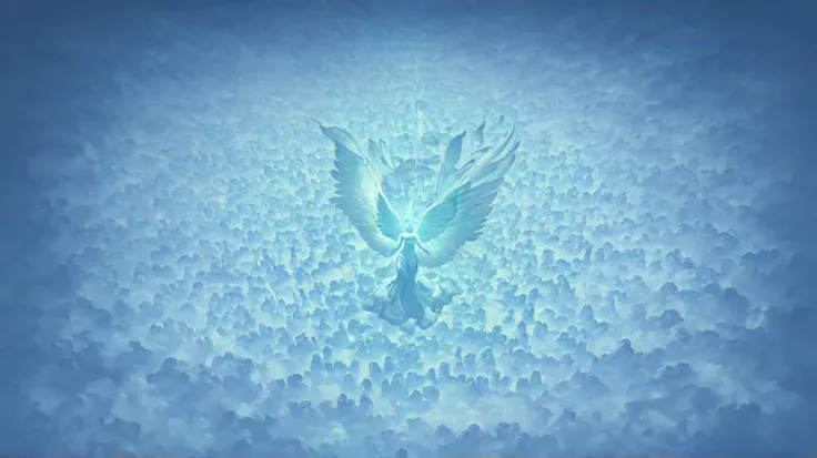 A pair of majestic, ethereal angel wings suspended in the sky, glowing softly with a teal hue, surrounded by fluffy, illuminated clouds and bathed in a serene, heavenly light from above. The atmosphere is calm, divine, and otherworldly, evoking a sense of ...