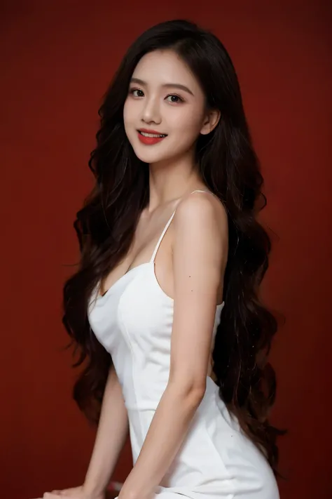 4k, masterpiece,, stunning beautiful idol detailed face, all body , (vietnam model girl), nsfw, sexy, see-though clothes, light smile, make up, big , red color, ((tet red color backdrop)), white sheer dress