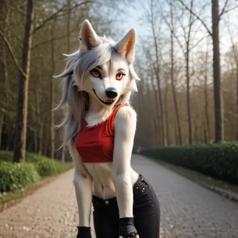 wolf ears, long straight hair, silver hair color, casual black cropped top, fitted black pants, fingerless gloves, holding a matching plush toy with wolf ears, standing pose, outdoor park setting, pathway lined with trees, warm natural lighting, light from...