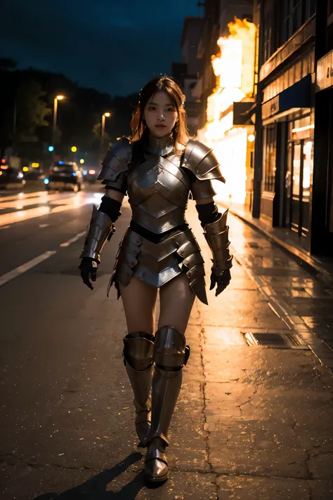 armor on fire walking forward, camera follows, traveling, loop