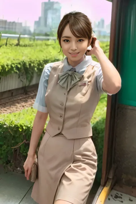  (masterpiece:1.2, Highest Quality:1.2), 32kHDR, nothing, (alone、1 girl on break day)、（ daytime building rooftop 、Professional Lighting）、Building rooftop background、（JR WOMAN Train Crew Uniform Beige Real Style）、（（JR Woman Train Crew Uniform Beige Light Bl...
