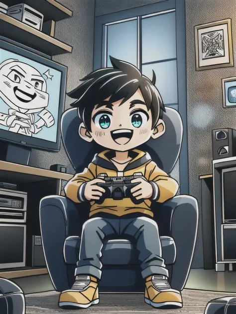 a black and white image to color. a  playing console on a sofa in a gamer room.