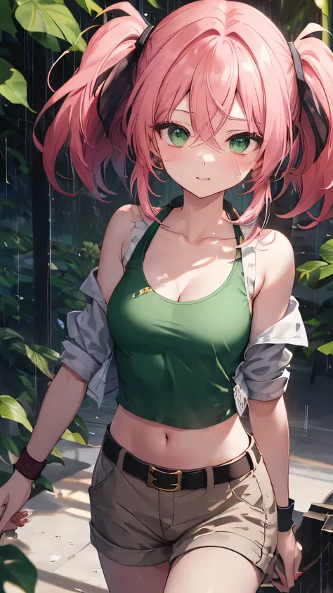 Nadia Cassel(ms)，pink hair,twintails,long hair,sidelocks,hair between eyes,parted bangs,green eyes,collarbone,cleavage,crop top,midriff,beige vest,tank top,green shirt,medium breasts,wristband,navel,belt,brown shorts，特写镜头，cute face，from above，bare shoulder...