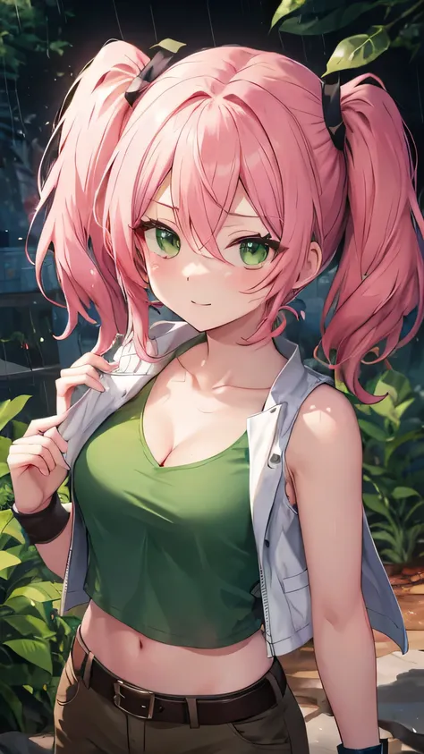 Nadia Cassel(ms)，pink hair,twintails,long hair,sidelocks,hair between eyes,parted bangs,green eyes,collarbone,cleavage,crop top,midriff,beige vest,tank top,green shirt,medium breasts,wristband,navel,belt,brown shorts，特写镜头，cute face，from above，bare shoulder...