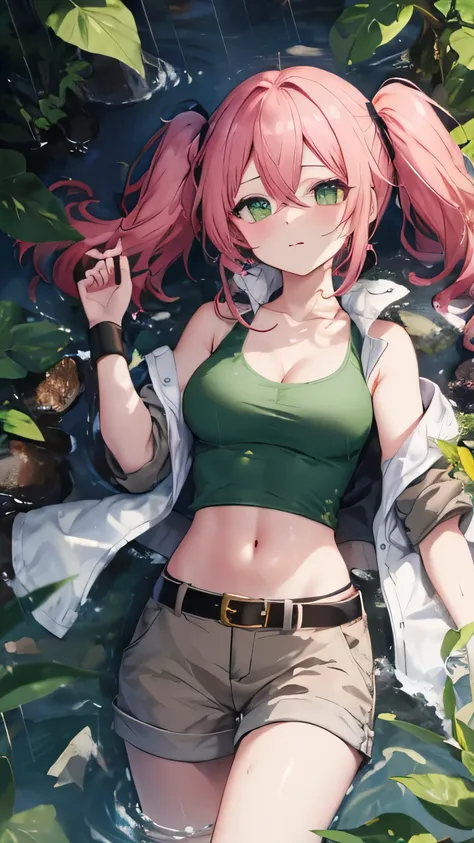 Nadia Cassel(ms)，pink hair,twintails,long hair,sidelocks,hair between eyes,parted bangs,green eyes,collarbone,cleavage,crop top,midriff,beige vest,tank top,green shirt,medium breasts,wristband,navel,belt,brown shorts，特写镜头，cute face，from above，bare shoulder...