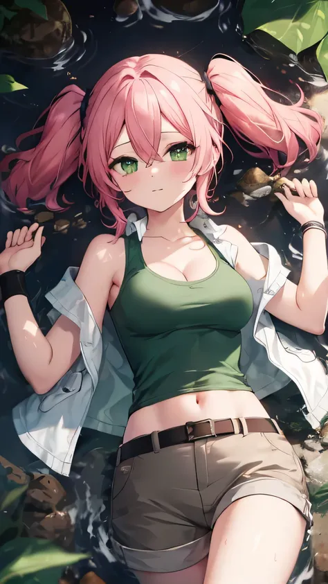 Nadia Cassel(ms)，pink hair,twintails,long hair,sidelocks,hair between eyes,parted bangs,green eyes,collarbone,cleavage,crop top,midriff,beige vest,tank top,green shirt,medium breasts,wristband,navel,belt,brown shorts，特写镜头，cute face，from above，bare shoulder...