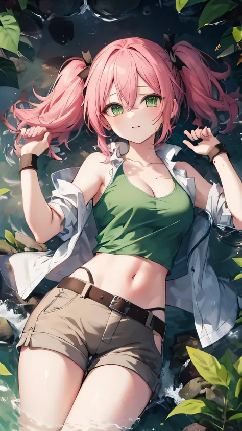 Nadia Cassel(ms)，pink hair,twintails,long hair,sidelocks,hair between eyes,parted bangs,green eyes,collarbone,cleavage,crop top,midriff,beige vest,tank top,green shirt,medium breasts,wristband,navel,belt,brown shorts，特写镜头，cute face，from above，bare shoulder...