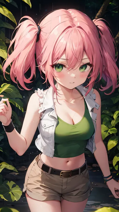Nadia Cassel(ms)，pink hair,twintails,long hair,sidelocks,hair between eyes,parted bangs,green eyes,collarbone,cleavage,crop top,midriff,beige vest,tank top,green shirt,medium breasts,wristband,navel,belt,brown shorts，特写镜头，cute face，from above，bare shoulder...