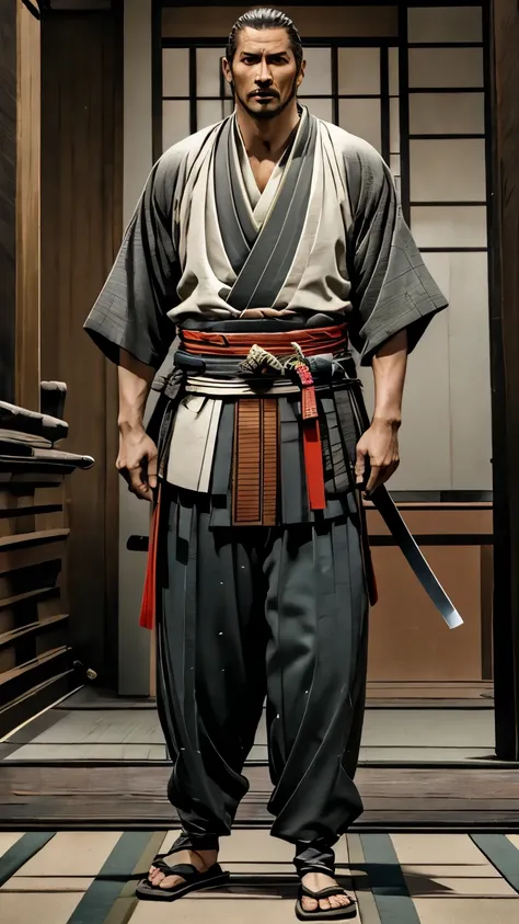 The coolest old man in the world、samurai、full body、front、I have a sword in my hand