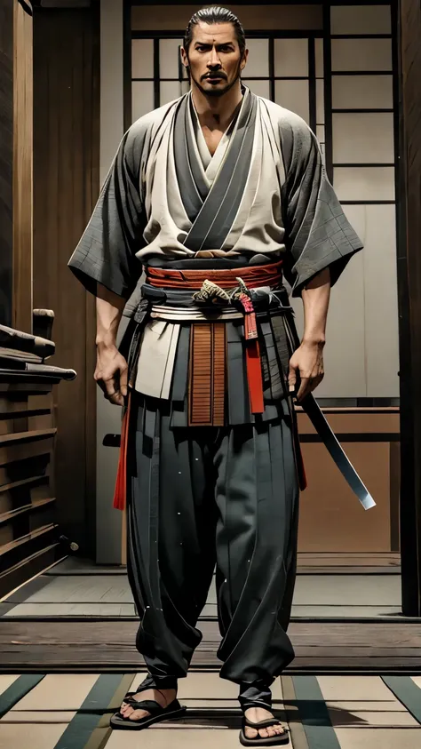 The coolest old man in the world、samurai、full body、front、I have a sword in my hand