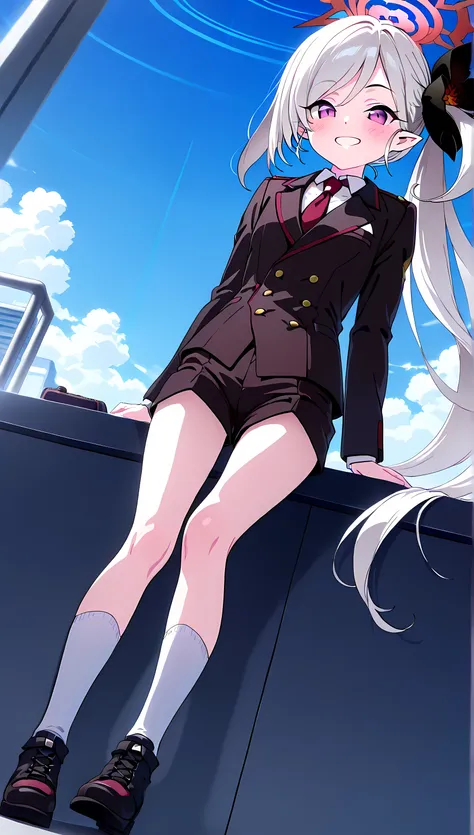 mutsuki-suit,daytime, sky,
mutsuki \(blue archive\),low ponytail, holding red (necktie,suit:1.1),shorts,white socks,black footwear,purple eyes,white hair,side ponytail,halo,pointy ears