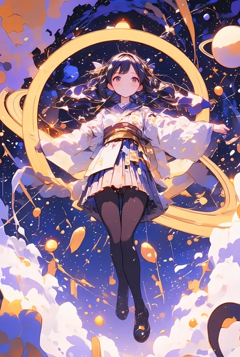a painterly digital illustration of a high school girl wearing a stylized kimono-inspired sailor school uniform, drifting weightlessly in orbit above Saturn,
her outfit features a long-sleeved kimono-style top with a deep navy blue sailor collar and subt...