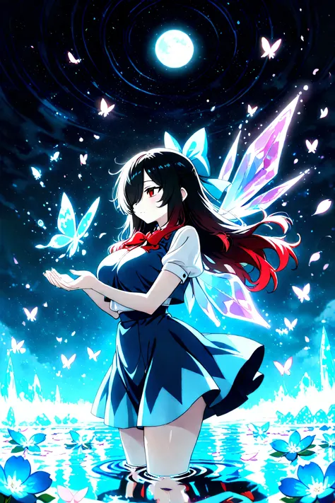 1 girl, Kuroki Monika, red eyes, gradient hair, black hair, red hair, long hair, asymmetrical hairline, hair over right eye, ((large breasts)), (petite but curvy), very cute, lovely, solo, standing, cirno, white shirt, white sleeves, short sleeves, blue p...