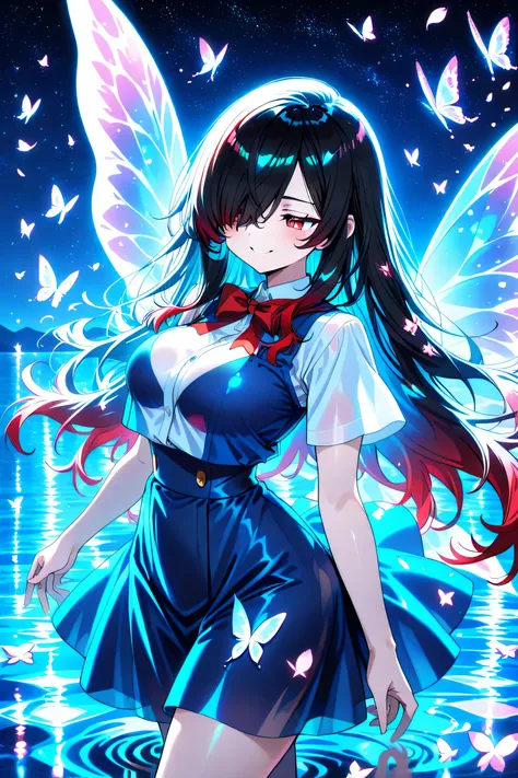 1 girl, Kuroki Monika, red eyes, gradient hair, black hair, red hair, long hair, asymmetrical hairline, hair over right eye, ((large breasts)), (petite but curvy), very cute, lovely, solo, standing, cirno, white shirt, white sleeves, short sleeves, blue p...