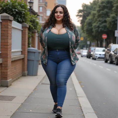 woman having heavy chest, tight thighs, full legs visible, jeans pant, big thighs, walking on the road, hands back side