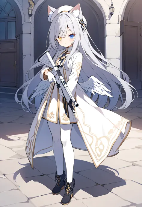long hair,Silver Hair, girl,Cat ears,alone,Heterochromia(Left blue right yellow),white robe,White Pantyhose,Western European style,Small Wings,square,white gloves,white beret,standing,Long bangs,white shotgun,Holding a gun, black boots