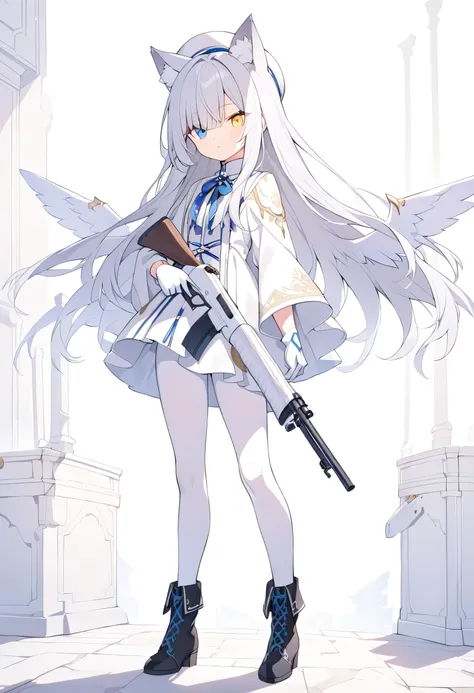 long hair,Silver Hair, girl,Cat ears,alone,Heterochromia(Left blue right yellow),white robe,White Pantyhose,Western European style, Wings ,square,white gloves,white beret,standing,Long bangs,white shotgun,Holding a gun, black boots