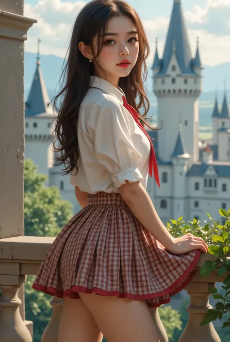 ultra fineCG Unity 8k壁紙、best quality、ultra fine、Masterpiece、real、フォトreal、ultra fineキュートガール、18 years old、(European castles)、(Girl standing on balcony)(back view)、(looking back at the drugstore)、((笑face)),((make a heart with both hands))、(full body angle)、 l...