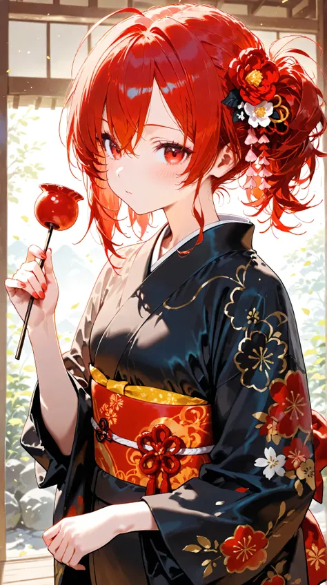 Girl with red hair red eyes black kimono