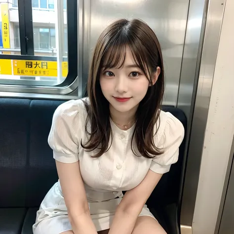 smile,one Japanese woman,(masterpiece, Highest Quality, 8k, RAW Photo, beautiful、Midea:1.2), beautiful顔、well-groomed face、Intricate Details, Clarify boundaries、indirect lighting, realistic,full body, sitting on a train chair 、Stares at the Audience、Peeki...