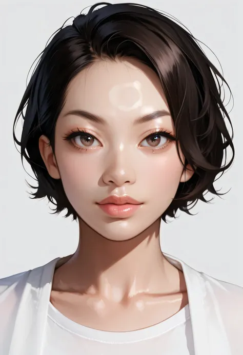 1girl, realistic, solo, grey background, lips, short hair, nose, shirt, asian, collarbone, looking at viewer, simple background, artist name, white shirt