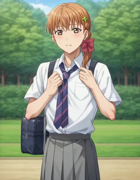 score 9 、score 8 up、score 7 up、source anime、1boy、(male:1.55)、solo、looking at viewer、笑顔、オレンジ髪、braid、アホ毛、赤い瞳、hair ornament、hair bow、clover hairornament、side braid、浅葱色のセーラー襟、白いシャツ、学校の制服、半袖、pleated スカート、outdoors、セーラー服、浅葱色のスカート、赤いネッカチーフ、バッグ、グリン、木、(manly:1.55)、s...