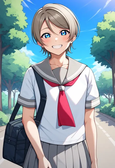 score 9 、score 8 up、score 7 up、source anime、1boy、(male:1.55)、solo、looking at viewer、smile、Short Hair、blue eyes、 Hair、grey hair、 grey sailor collar、white shirts、school uniform、Short sleeve、pleated skirts、outdoors、sailor suit、gray skirt、Red Neckerchief、bag、 ...
