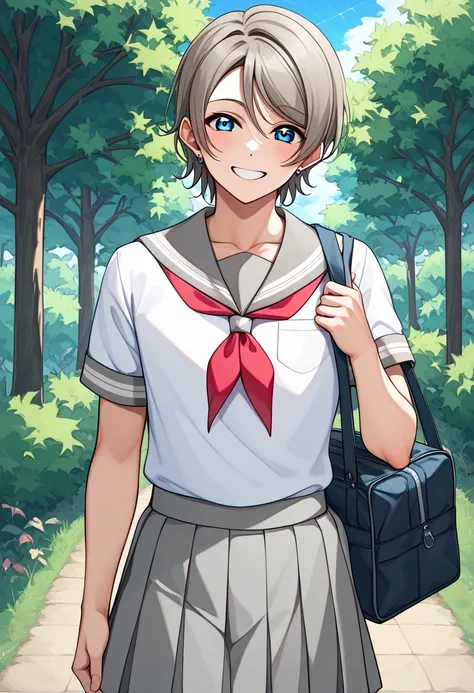 score 9 、score 8 up、score 7 up、source anime、1boy、(male:1.55)、solo、looking at viewer、smile、Short Hair、blue eyes、 Hair、grey hair、 grey sailor collar、white shirts、school uniform、Short sleeve、pleated skirts、outdoors、sailor suit、gray skirt、Red Neckerchief、bag、 ...