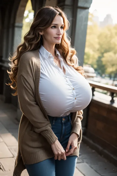 (angled view), close-up shot, soft lighting, looking to the side, towering tall skinny araffe lanky statuesque slim smart studious shy young American college student, young Julia Roberts, Central Park, walking, (collared sheen blouse), bright symmetric eye...