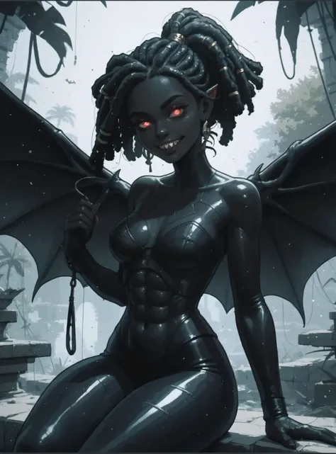 A female monster girl. She is a human bat. She has asian features. She has deep red eyes and dreadlocks. Her skin is blue-ish black and shiny. She is athletic and has claws and sharp teeth. Meisterwerk, hd , great quality, very aesthetic, absurd, high cont...