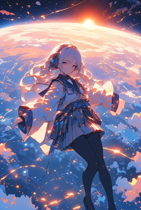 a full-body illustration of a high school girl wearing a stylized kimono-inspired sailor uniform, floating gracefully in Earth's orbit during orbital sunset,
her outfit features a long-sleeved kimono-style top with a deep navy blue sailor collar integrat...