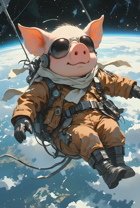 a cinematic digital illustration of a humanoid pig wearing vintage aviator gear, floating calmly in low Earth orbit with the planet visible below,
he has the face of a pig with a round snout and wears dark sunglasses and a confident expression,
his out...