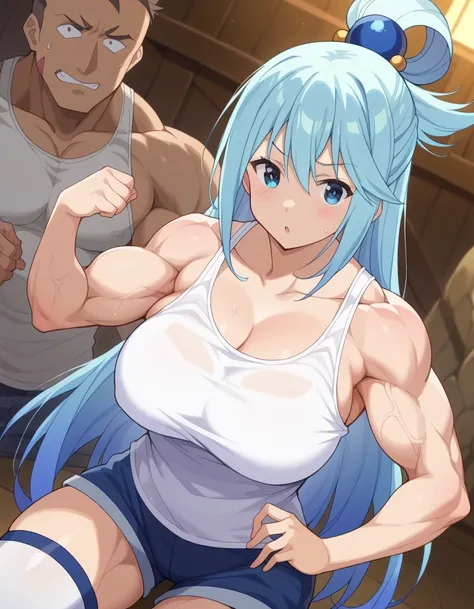 score 9 、score 8 up、score 7 up、source anime、masterpiece、Highest Quality、high resolution、1woman、konosubaaqua、、aqua \(konosuba\)、Blue Hair、very long hair、blue eyes、hair ornament、single hair ring、hair bobbles、(Pure white tank top:1.5)、collarbone、trapezius、del...