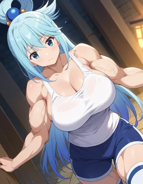 score 9 、score 8 up、score 7 up、source anime、masterpiece、Highest Quality、high resolution、1woman、konosubaaqua、、aqua \(konosuba\)、Blue Hair、very long hair、blue eyes、hair ornament、single hair ring、hair bobbles、(Pure white tank top:1.5)、collarbone、trapezius、del...