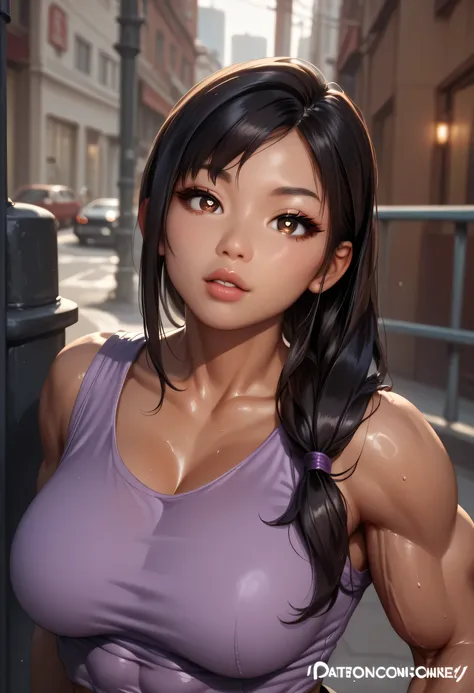 (female asian, asian face), high side ponytail hair, black hair, light brown eyes, tank top, purple tank top, (big breasts), abs, muscles, detailed pupils, (dark street, city)