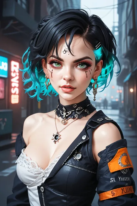A high-detail portrait of a mysterious woman with deep emerald-green eyes and short, tousled black hair with glowing teal highlights. Her skin is pale with a faint opalescent sheen, and a subtle scar runs across her left eyebrow, hinting at a hidden story....