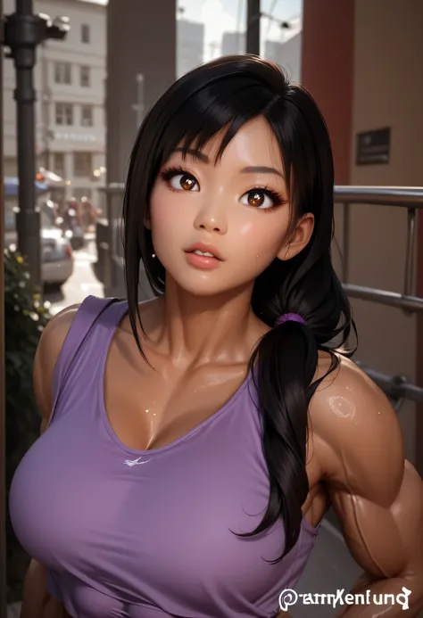 (female asian, asian face), high side ponytail hair, black hair, light brown eyes, tank top, purple tank top, (big breasts), abs, muscles, detailed pupils, (dark street, city)