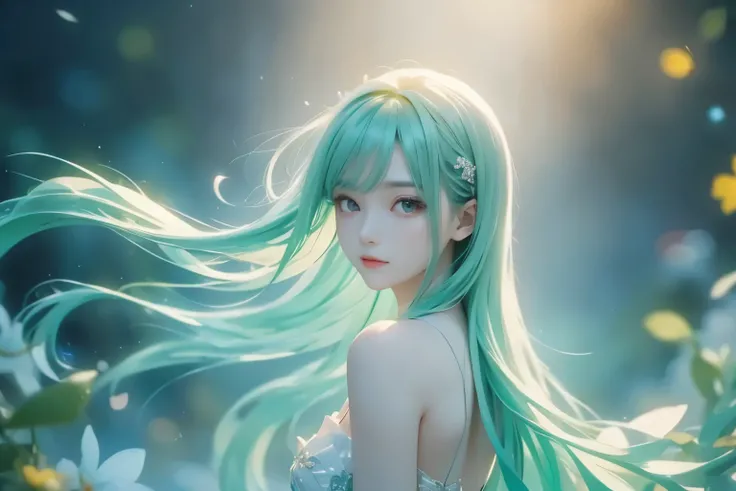 A beautiful 25-year-old Japanese woman with long pale green hair。Her long hair is blown by a gust of wind。Behind her is a monochrome girlfriend who looks just like her、Behind her is a grey girlfriend who looks just like her。In front of her, on the other ha...