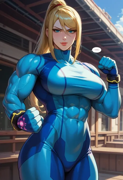 score 9 、score 8 up、score 7 up、1girl、solo、defSamus、 Gold、ponytail、Strong muscles、bodysuit、zero suit、blue body suit、blue clothes、Big Breasts、Muscular and strong、very large breasts、blue pantynose、long sleeve、blue gloves、Confident Look、Juicy Lips、confident sm...