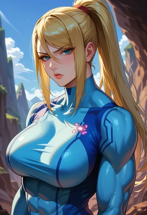 score 9 、score 8 up、score 7 up、1girl、solo、defSamus、 Gold、ponytail hair、Strong muscles、bodysuit、zero suit、blue body suit、blue clothes、Big Breasts、Muscular and strong、very large breasts、blue pantynose、long sleeve、blue gloves、standing、Turn your head to the si...