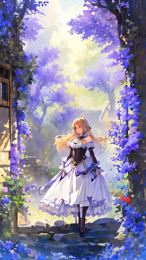 A young woman in a detailed, elegant fantasy dress walks along a sunlit garden path toward a cozy stone cottage with a red-tiled roof. Her outfit features a flowing purple skirt adorned with vibrant flowers and a fitted black corset over a white, ruffled b...