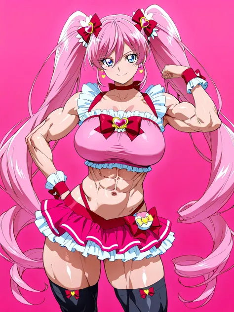 score 9 、score 8 up、score 7 up、source anime、masterpiece、Highest Quality、high resolution、anime coloring、1girl、cure melody、woman in crop top shirt、pink hair、high twintail hair、very long hair、blue eyes、eyebrows visible through the hair、bungs、eyelash、shiny hai...
