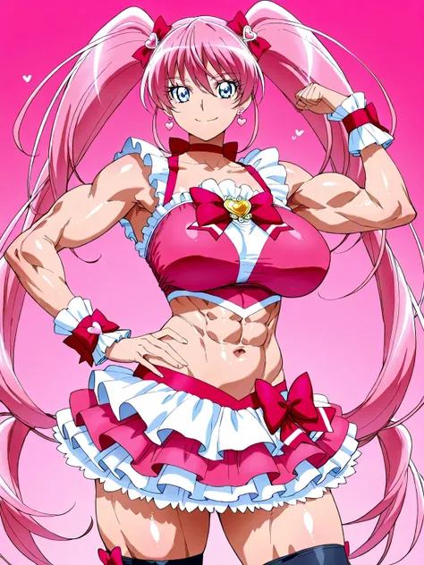 score 9 、score 8 up、score 7 up、source anime、masterpiece、Highest Quality、high resolution、anime coloring、1girl、cure melody、woman in crop top shirt、pink hair、high twintail hair、very long hair、blue eyes、eyebrows visible through the hair、bungs、eyelash、shiny hai...