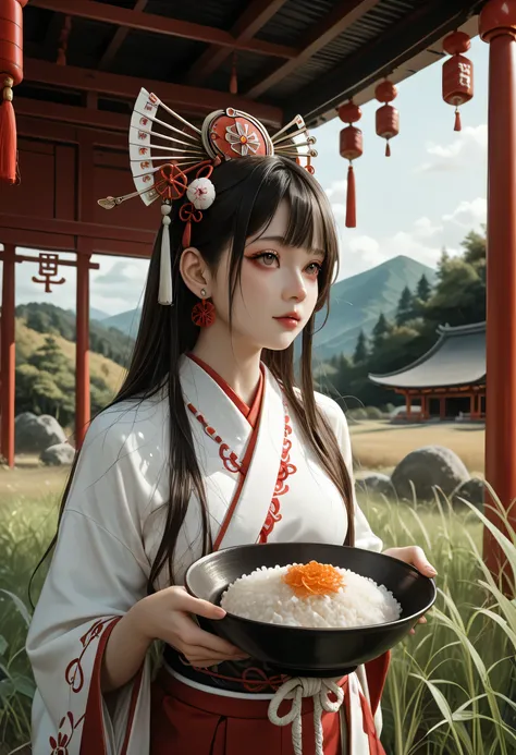 ((Highest Quality:1.5))、natural light、((The woman with the rice spirit)),((long hair colored like an ear of rice)),((Silk shrine maiden costume)),((in the rice field during the fall harvest))