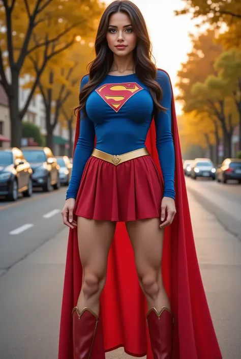 Supergirl-inspired costume, featuring a blue top with the iconic "S" logo, a red skirt, and a matching red cape. Long, dark hair styled in soft waves. Red boots with gold accents. Standing confidently on a tree-lined street with sunset lighting creating a ...