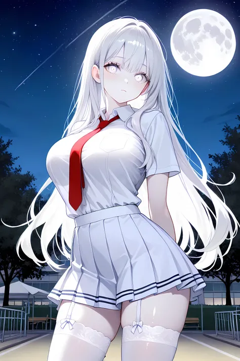 best quality, top quality, one girl, beautiful girl, very cute, pale skin, white eyes, сияющие white eyes, long hair, очень long hair, diamond hair, shiny hair, schoolgirl, , red tie, short skirt, white school skirt, beautiful skirt , white stockings, la...